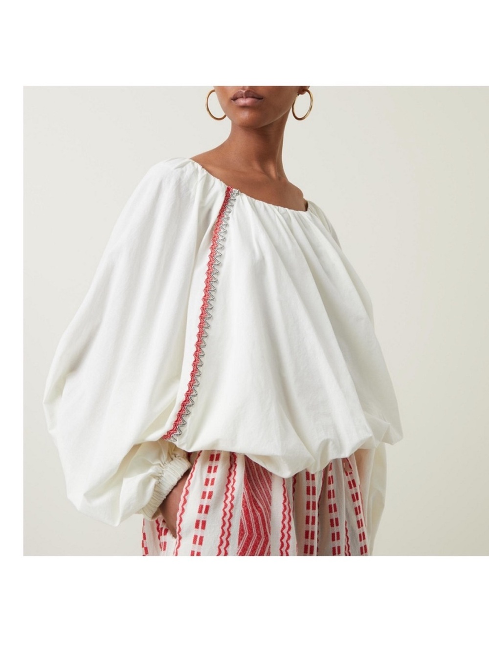 Devotion TWINS White Peasant Blouse with Red Trim
